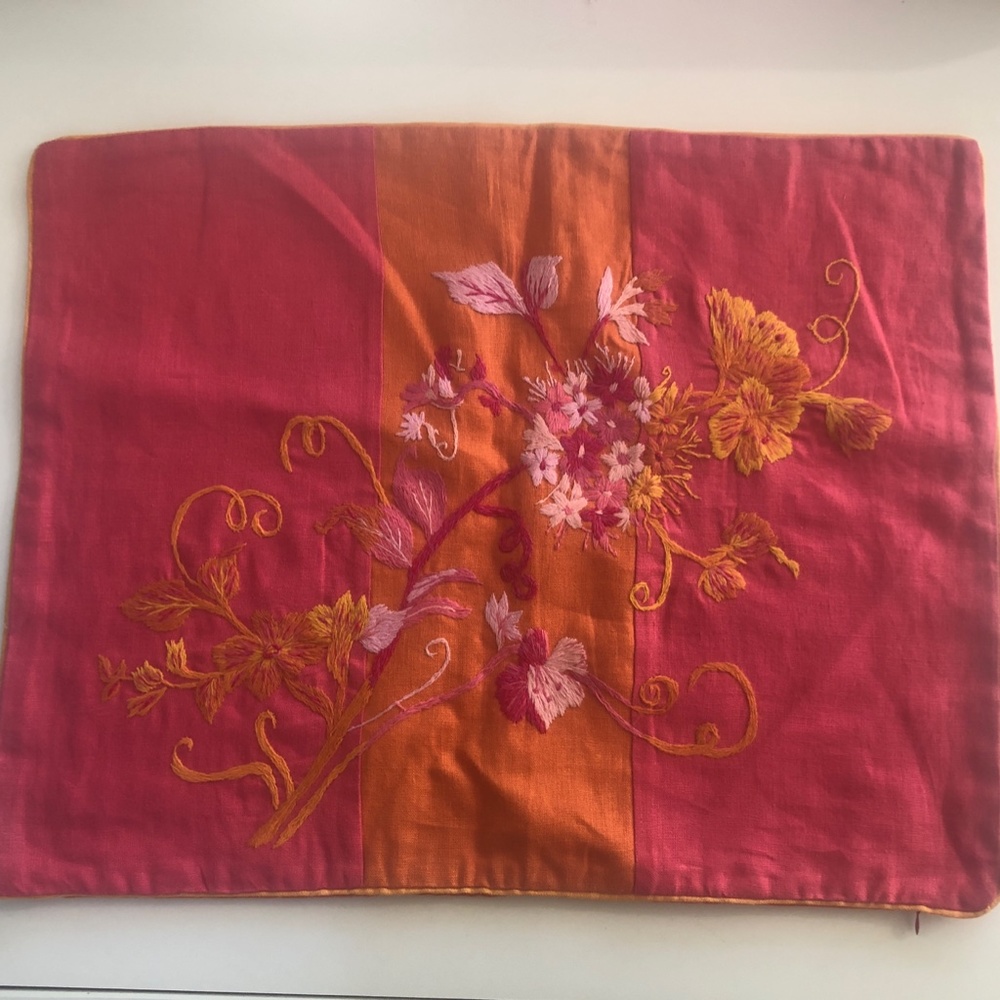 Crewel and linen pillow cover - coral, orange and golden tones - NEW!